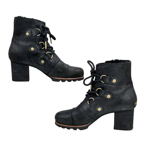 SOREL Addington Shearling Boots SZ 9 Women’s Black Leather Waterproof Lace Up - Picture 9 of 13